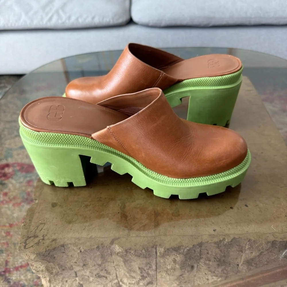 GB End Game Brown Leather Chunky Heel Clogs 7.5 - Picture 6 of 8